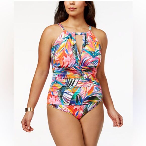 LAUREN RALPH LAUREN Plus Size Tummy Control Printed High-Neck OnePiece Swimsuit - Picture 1 of 9